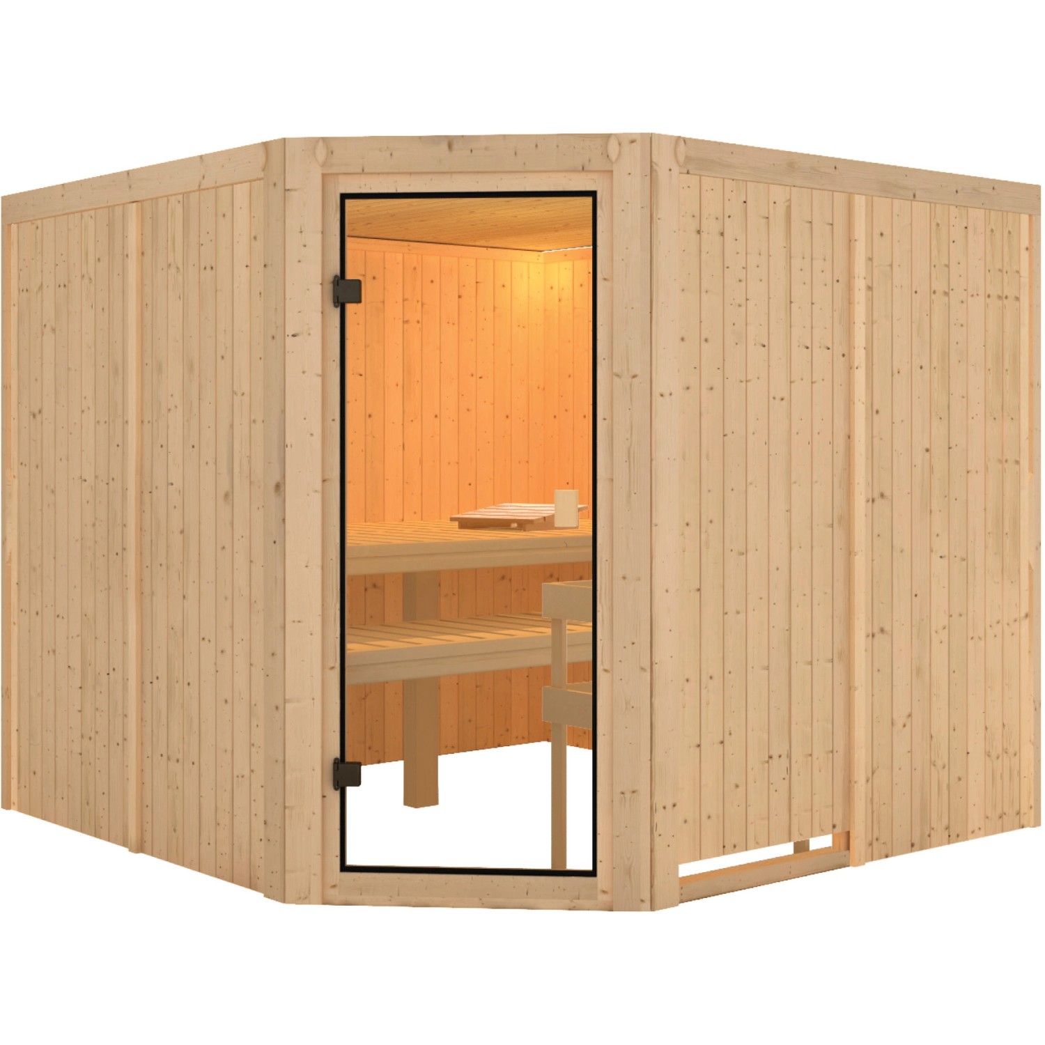 Karibu Sauna Ystad mit Eckeinstieg, Glastür Bronziert