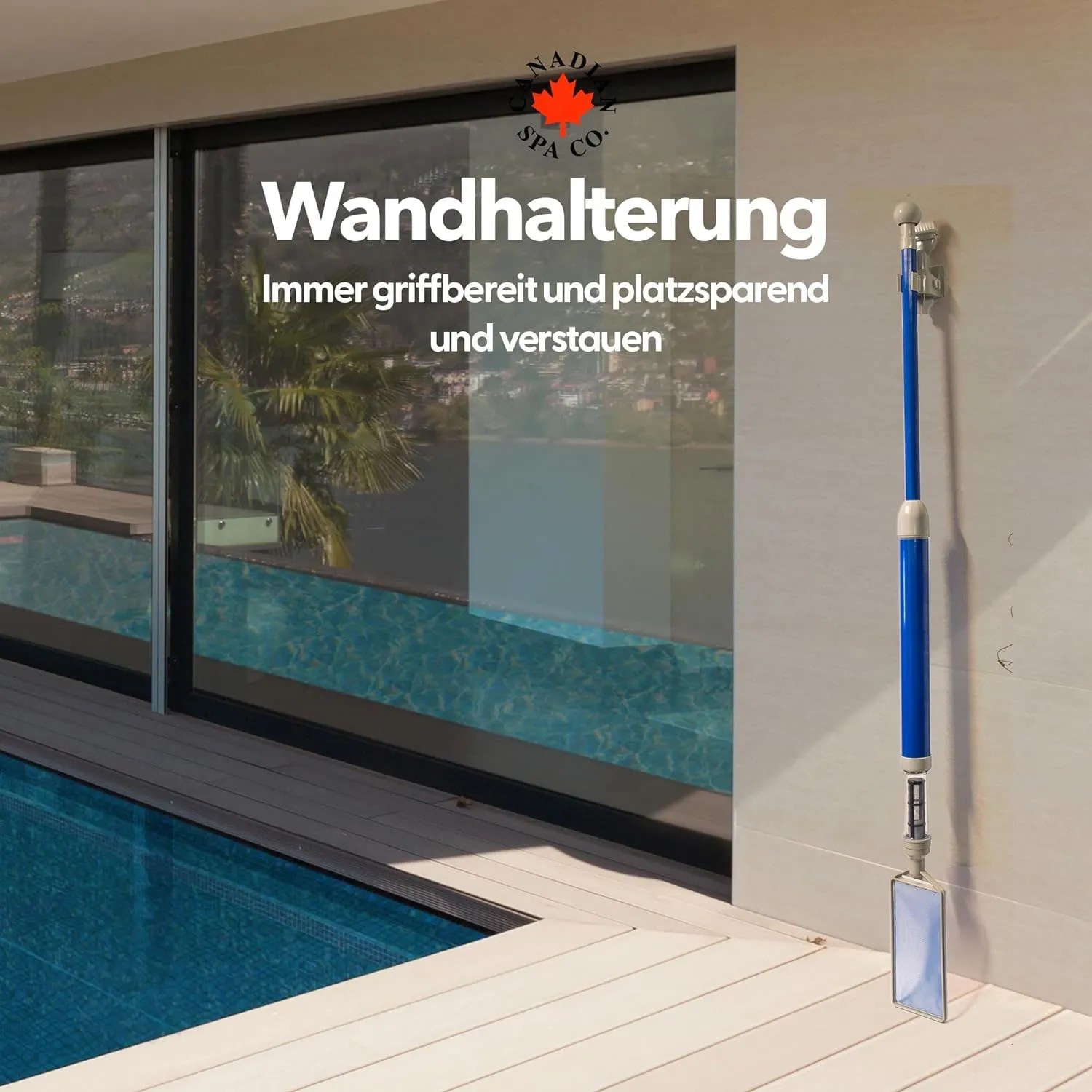 Canadian Spa Poolsauger Set Deluxe mit blauem Griff und verschiedenen Aufsätzen an einer Wandhalterung.