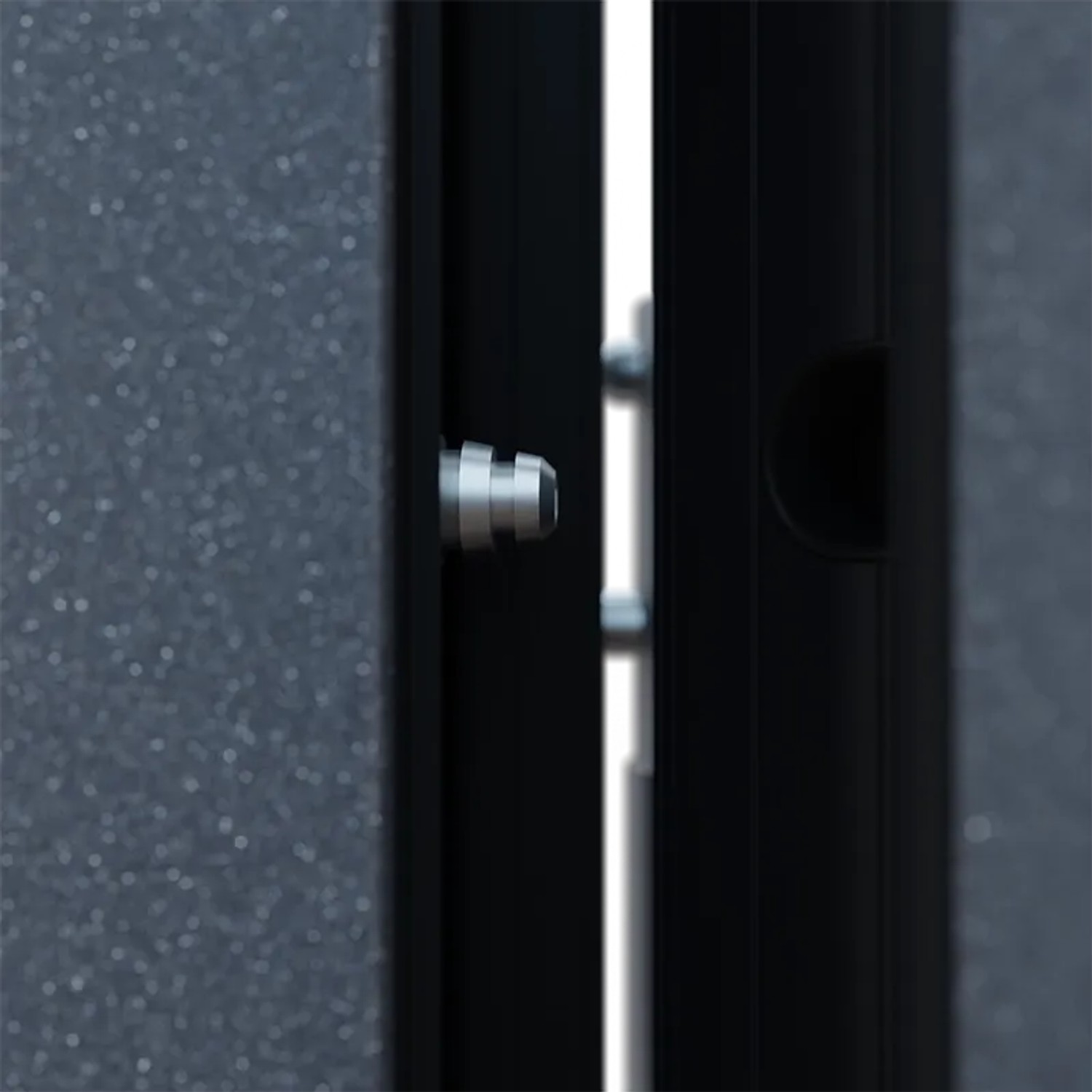 Detailaufnahme: Anthrazitfarbene FM Türen AS68 Haustür mit Edelstahlbeschlägen und 3-Punkt-Verriegelung.