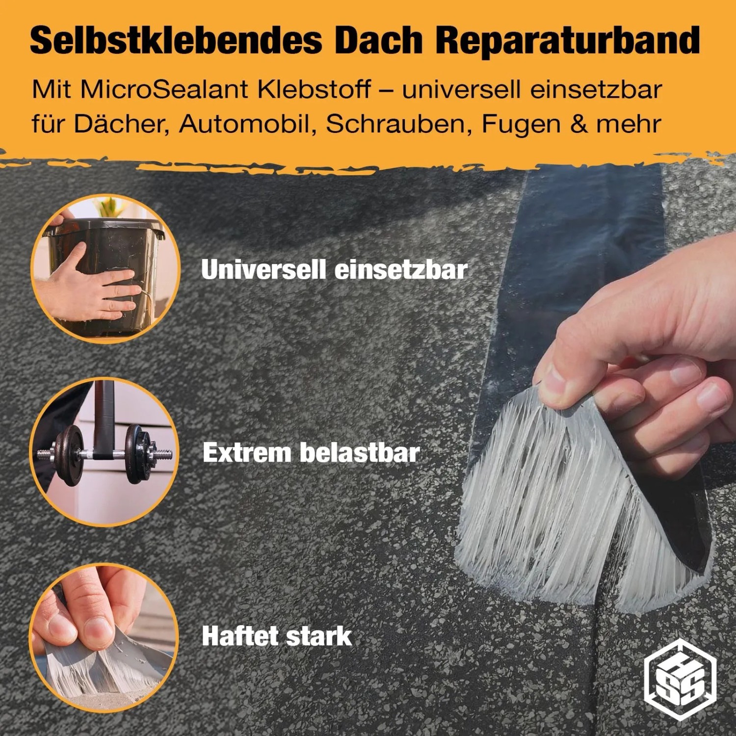 Schwarzes HSS Dach Reparaturband, selbstklebend, wird auf rauer Oberfläche angebracht. Starke Haftung für Bauabdichtungen.