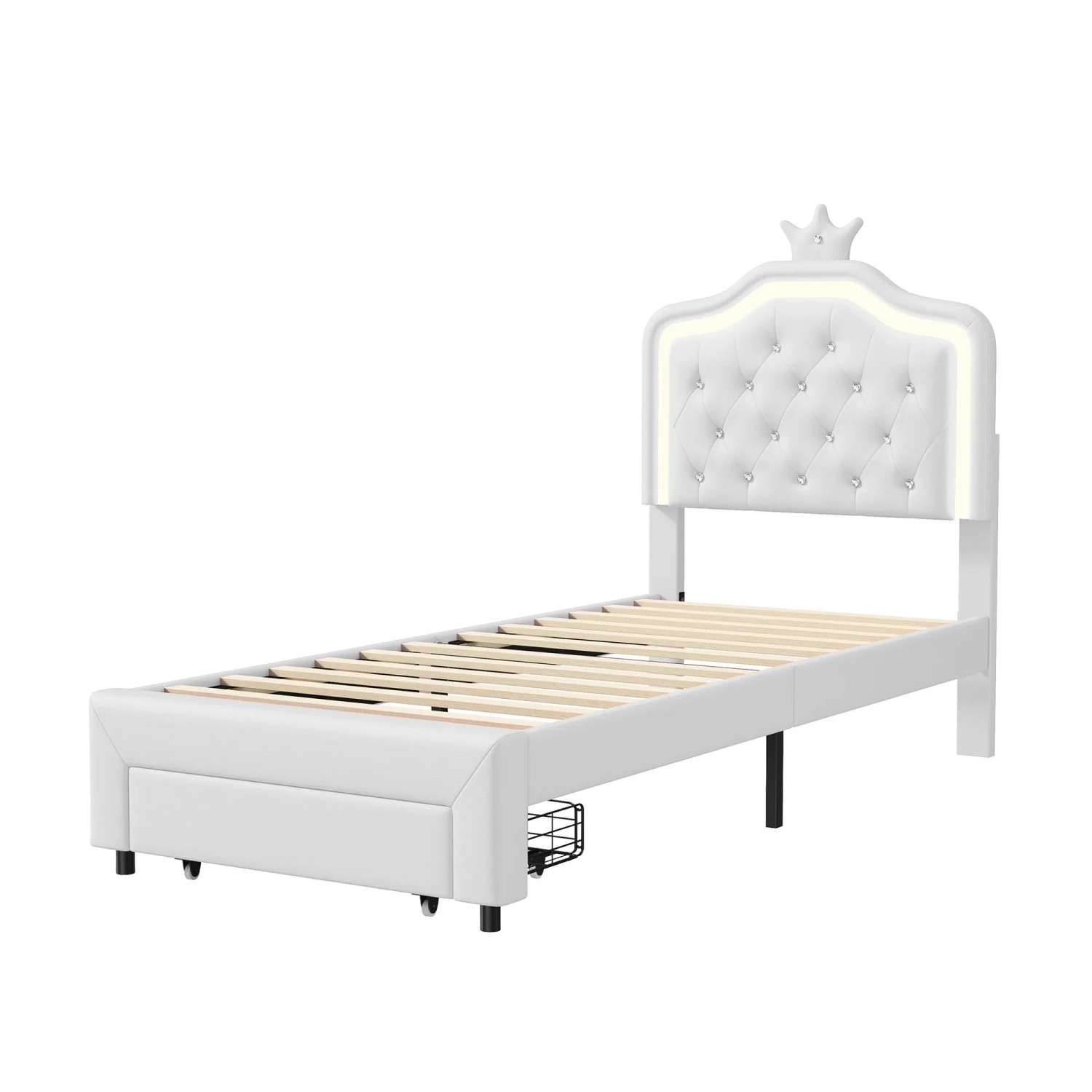 PXloue Kinderbett 90x200cm Gepolstertes Bett mit LED-Beleuchtung und Schublade Krone-Kopfteil Kunstleder