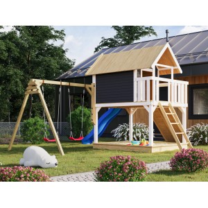 Karibu Stelzenhaus Fidel mit Doppelschaukel, blauer Rutsche und Leiter im Garten.