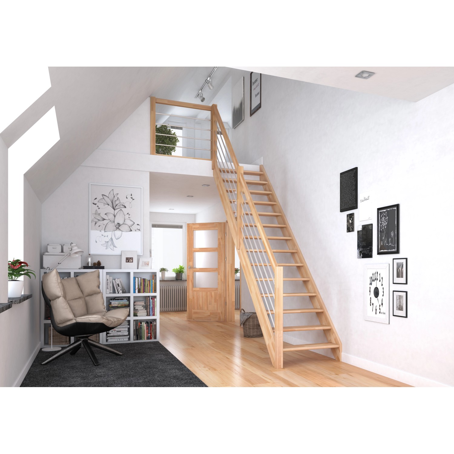 Helle, gerade Dolle Raumspartreppe Paris aus Buchenholz mit Edelstahlgeländer im modernen Wohnraum.