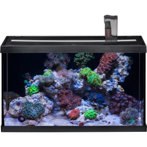 Eheim Aquastar Marine 63 l Aquarium-Set, schwarzes Becken mit Korallen und Zubehör.