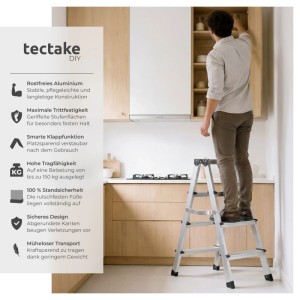 Tectake Doppelseitige Trittleiter 4 Stufen Aluminium Klappbar Rutschfest 43 x 72 5 x 77 5 cm 72 5 x 43 x 77 5 cm Silber