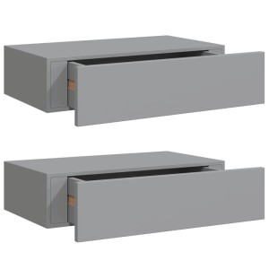 Zwei graue Wandregale vidaXL mit Schubladen aus MDF, Schubladen geöffnet.