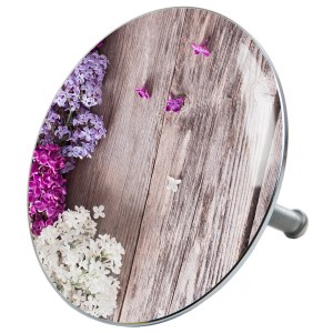 Sanilo Badewannenstöpsel mit Flieder-Motiv und Holz-Optik. Abflussstöpsel für Badewanne.