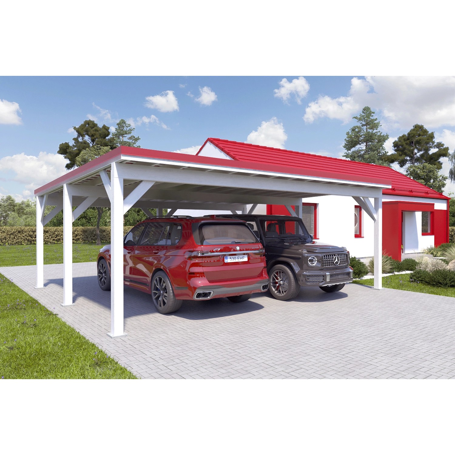Holzbrüder Carport Ralf 42m² 150kg/m² Reinweiß-Rot günstig online kaufen