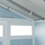 Detailaufnahme vom Inneren des Grosfillex Gerätehauses Utility 7,5 in Graublau, Fokus auf Dachkonstruktion und Fenster.