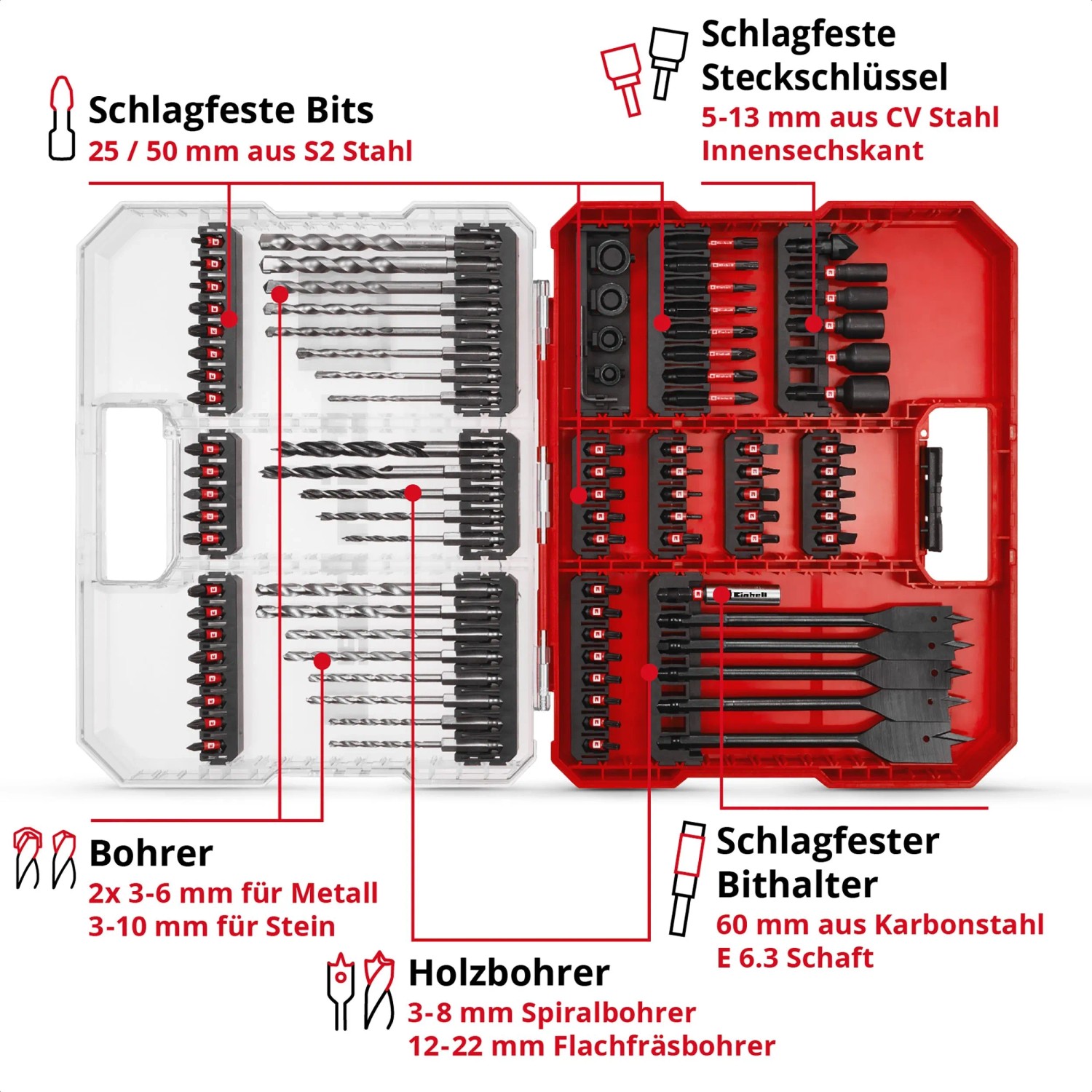 Einhell Schlagbohrer- und Bit-Set, 95-teilig im XL-Koffer, für Holz, Stein und Metall.