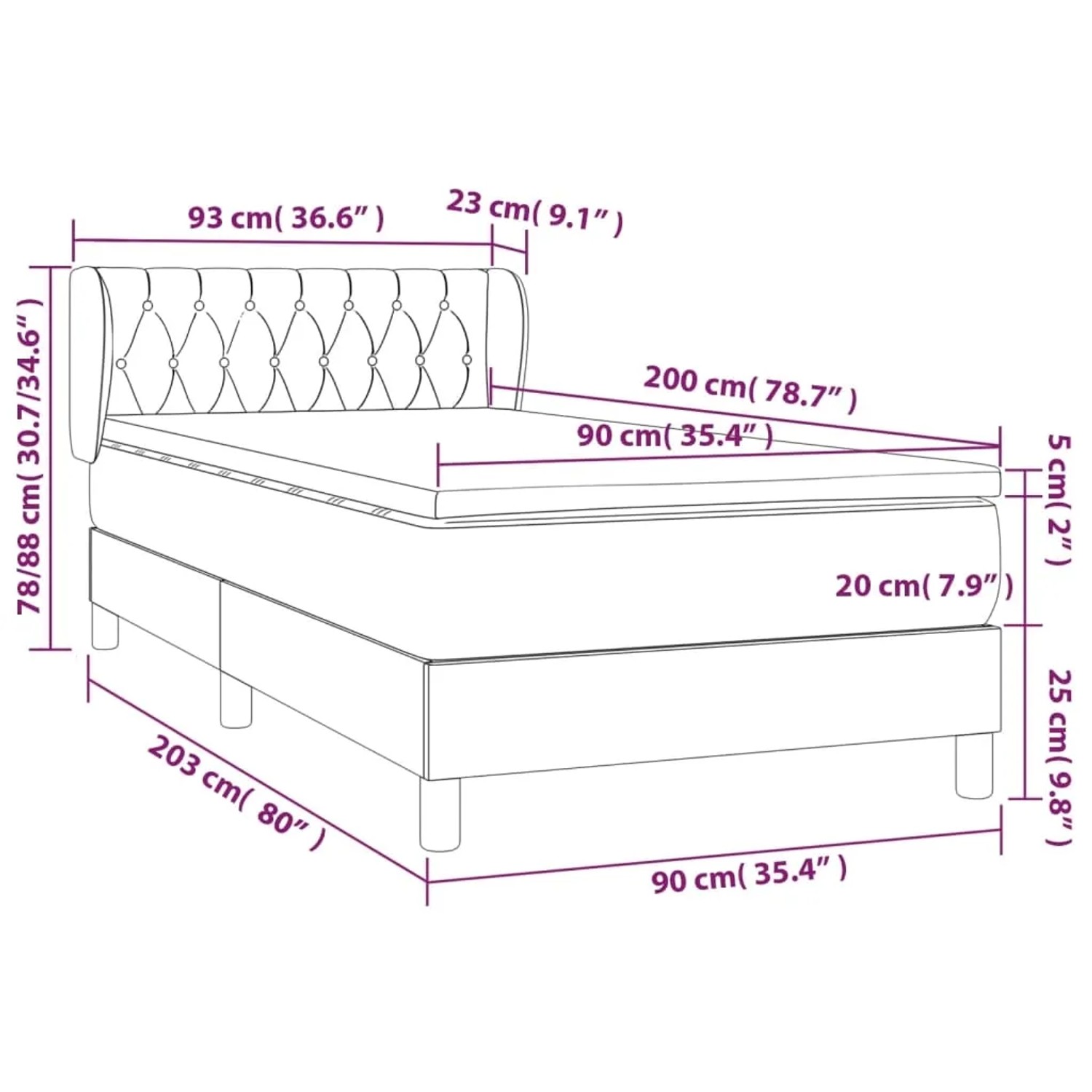 vidaXL Boxspringbett hellgrau (90x200 cm) mit Matratze und Kopfteil. Bett aus Samt mit Holzfüßen.
