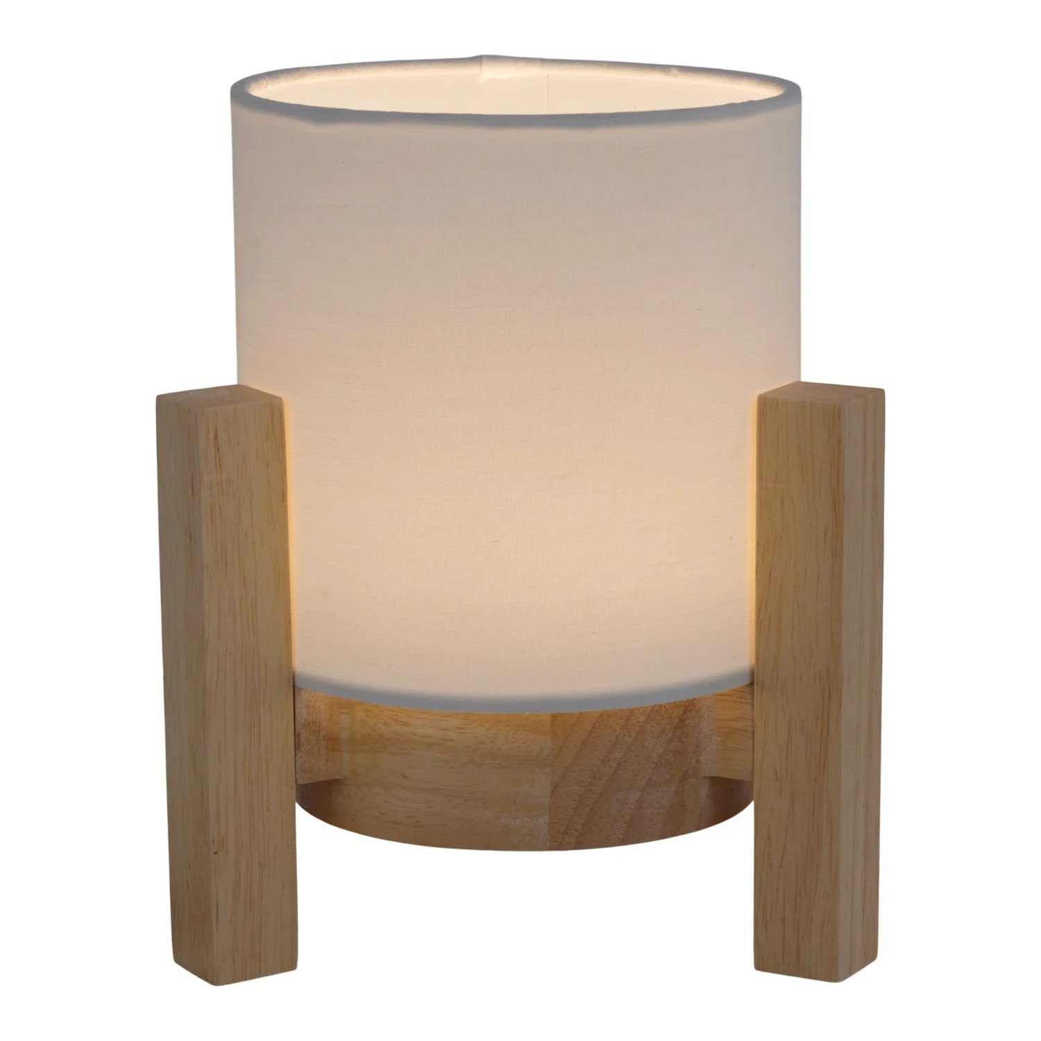 Näve LED-Akkutischleuchte Madita mit Holzfuß und weißem Textilschirm.
