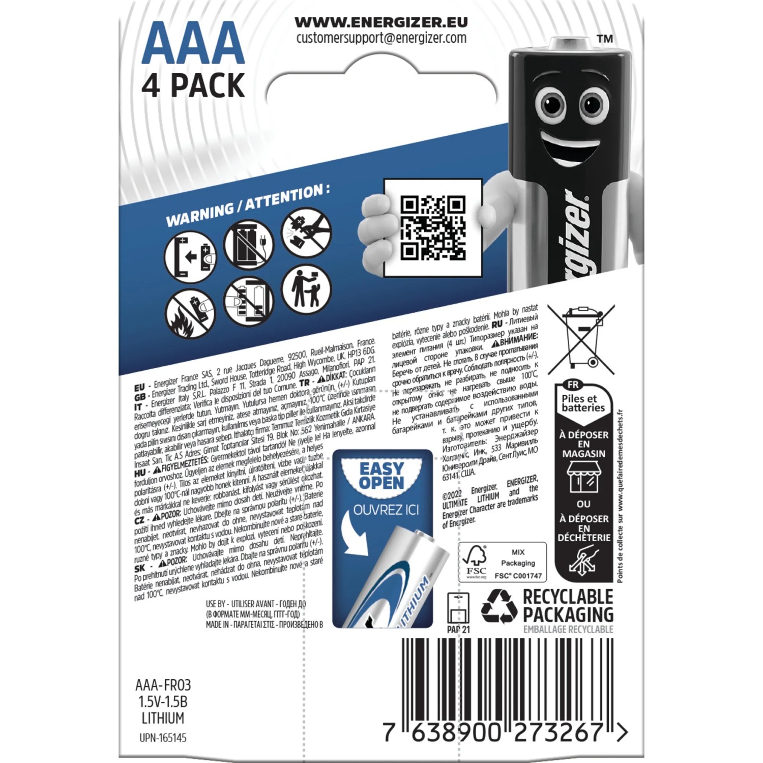 Energizer Ultimate Lithium AAA Batterien, 4er-Pack. Langlebige Lithium-Batterien für Geräte mit hohem Energiebedarf.