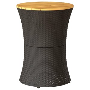 Schwarzer vidaXL Garten-Beistelltisch in Trommelform mit Holzplatte und Poly Rattan Geflecht.