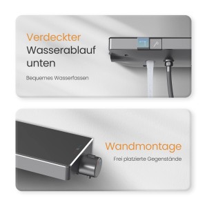 Details des Emke Duschsystems in Schwarz Matt: Verdeckter Wasserablauf und Wandmontage.