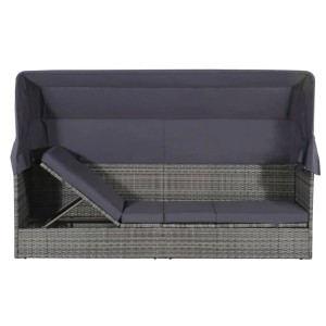 Graues vidaXL Gartenbett mit Baldachin aus Polyrattan, Liegefläche verstellbar.