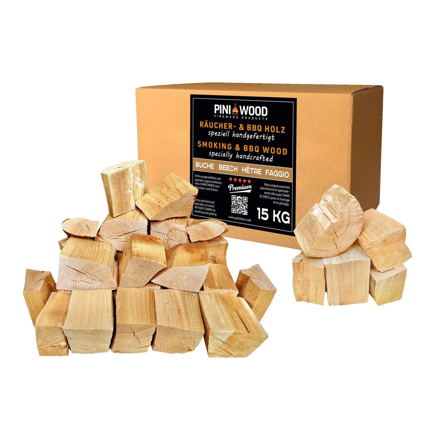 PINI 15 kg Räucherholz Smokerholz Grillholz BBQ-Holz Wood Chunks Buchenholz OHNE RINDE  für Smoker Grill