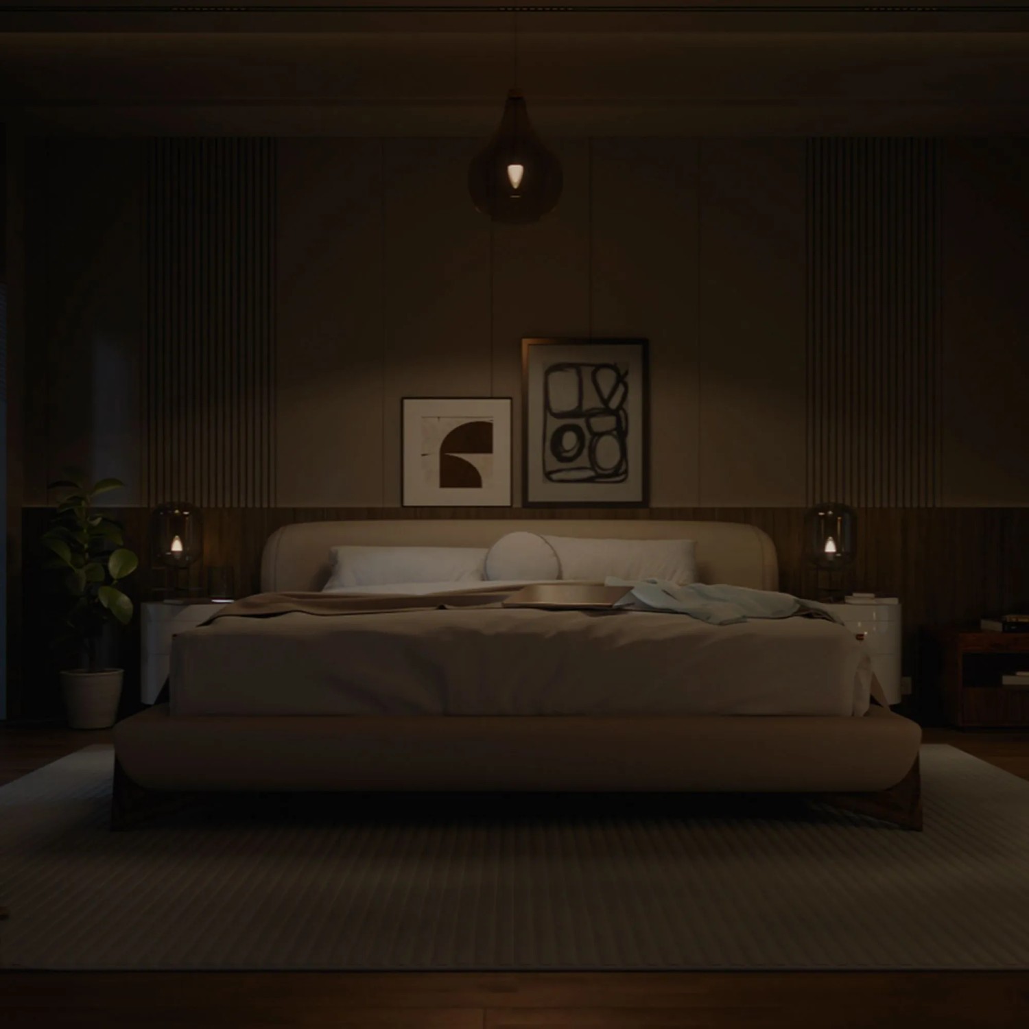 Philips Hue E14 Kerzenform Leuchtmittel spendet warmweißes Licht in einer Nachttischlampe im gemütlichen Schlafzimmer.