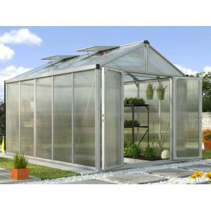 Vitavia Gewächshaus Zeus Comfort 10000 mit Alu-Rahmen, Hohlkammerplatten und geöffneter Doppeltür.