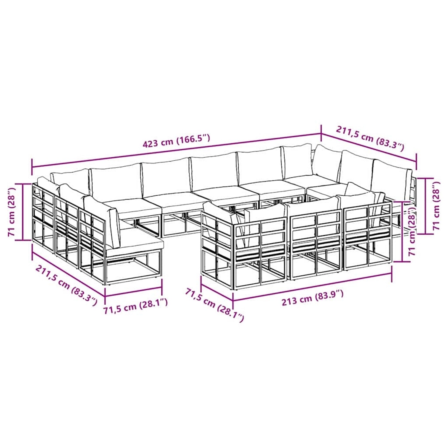 vidaXL Garten-Sofa-Set, 13-teilig, schwarz, Aluminium, mit Maßangaben.