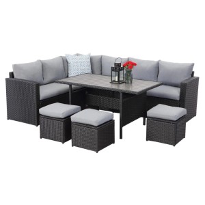 Schwarzes MeXo XXL Gartenlounge Set aus Polyrattan mit Esstisch und Hockern für 8 Personen.