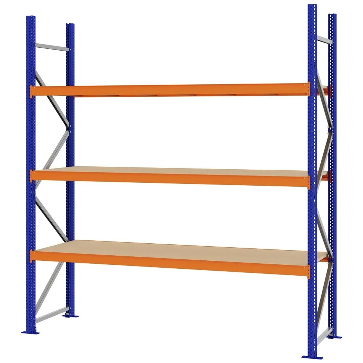 PROREGAL Weitspannregal Schraub-Stecksystem MAGNUS PRO Made In Germany Grundregal 250x225x60cm 3 Ebenen Spanplattenböden Fachlast 520kg Blau/Orange