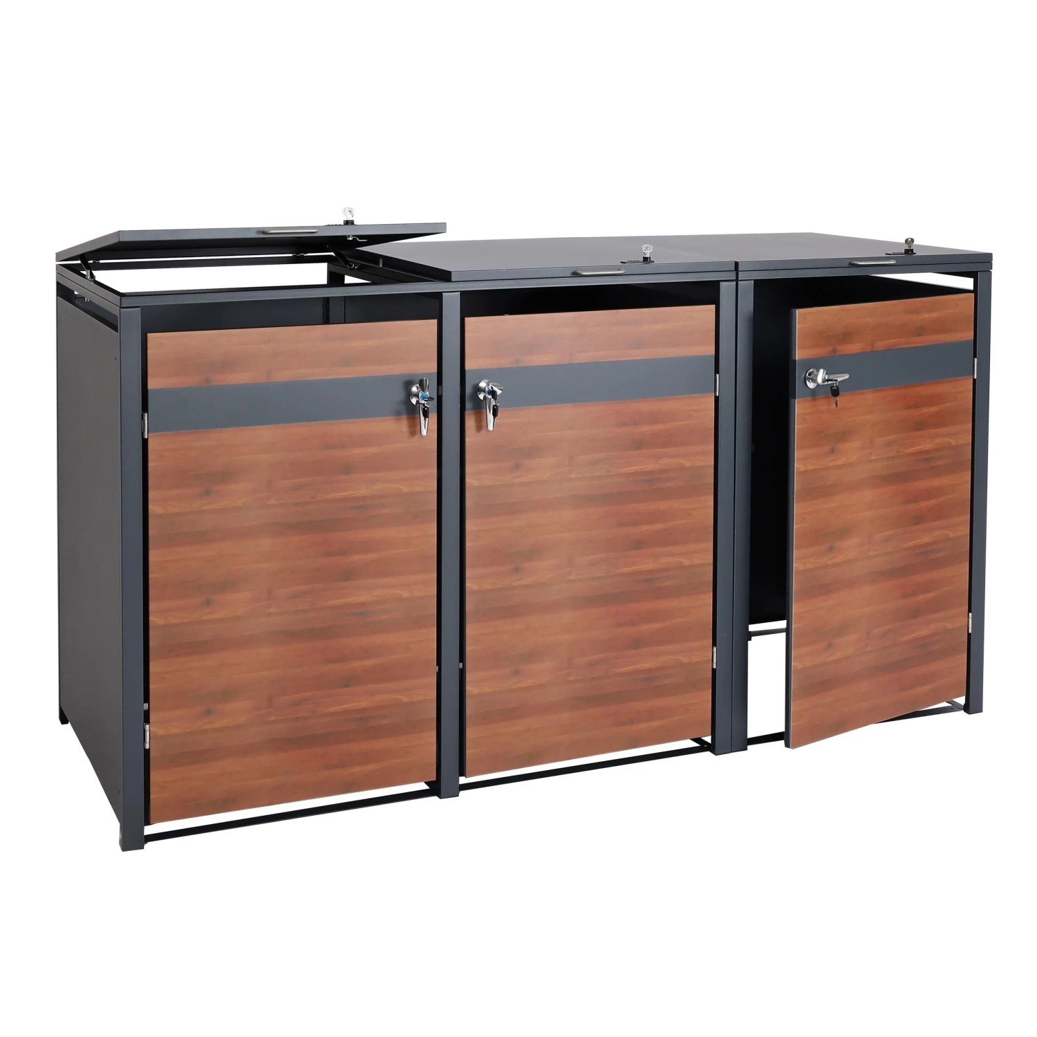 MCW XL Mülltonnenverkleidung J82 3er/6er Kirsch-Holzoptik Dunkelbraun 117x217x98cm