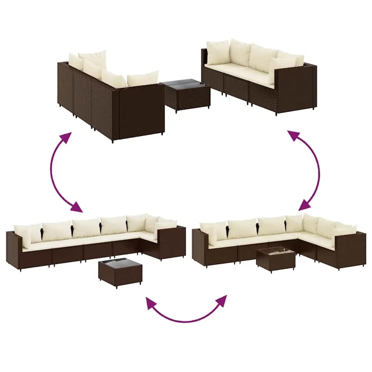 Braunes 7-tlg. vidaXL Garten-Lounge-Set aus Polyrattan mit Kissen. Gartenmöbel für Terrasse und Garten.