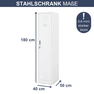 Weißer DELUKE Umkleideschrank Spind WIEN, 180x40x50cm, mit Lüftungsschlitzen und Etikettenhalter.