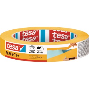 Tesa Malerband Perfect+ 50m:19mm, gelbes Abdeckband für scharfe Farbkanten bei Malerarbeiten.
