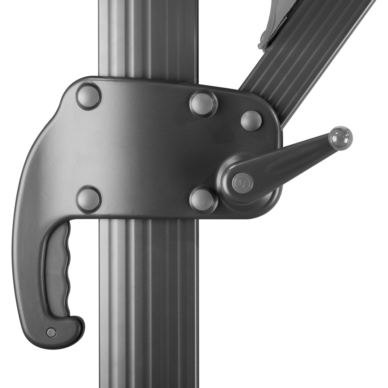 Detailaufnahme des Kurbelmechanismus am Schneider Ampelschirm Rhodos Grande.