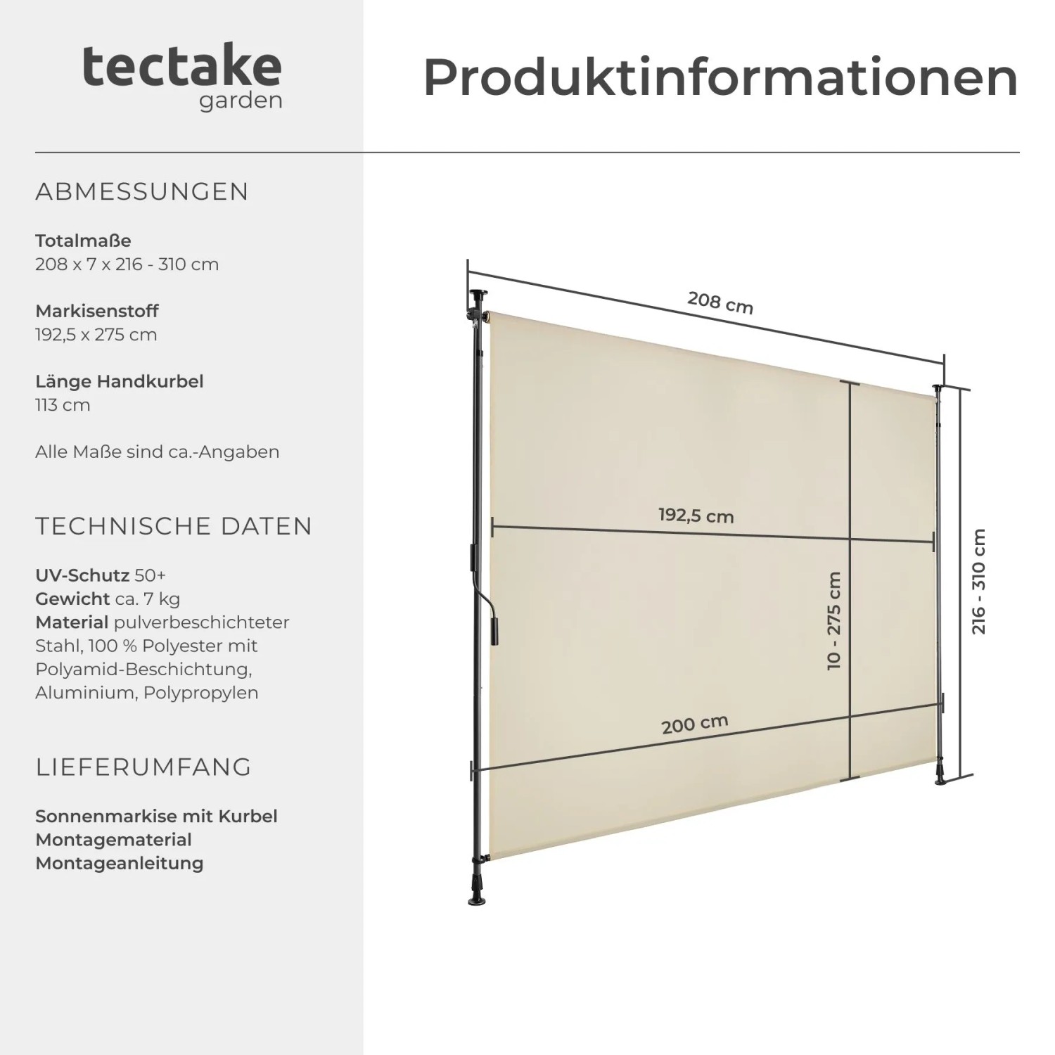 Tectake Klemmmarkise Taija Verschiedene Größen Uv Beständig und Wasserabweisend 200 x 310 cm 7 x 208 x 310 cm Beige_6