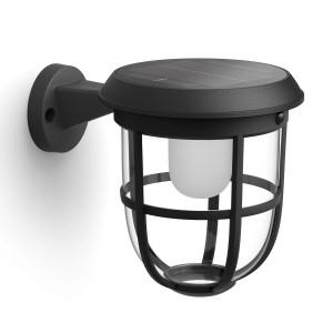 Schwarze Philips Solar-Wandleuchte Radii mit Solarpanel und Käfigdesign.