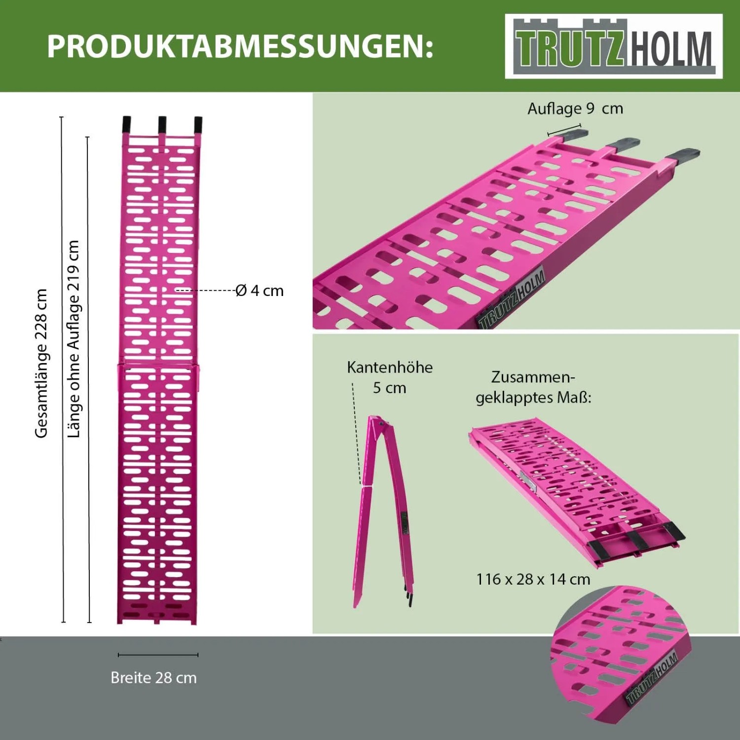 TRUTZHOLM Auffahrrampe, klappbar, 228cm, 340kg Traglast, pink, Alu, gelocht. Zubehör für Autoanhänger.