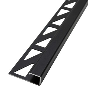 Schwarze Dalsys Fliesenschiene aus Aluminium, 2,5m, mit Eckprofil und dreieckigen Aussparungen.