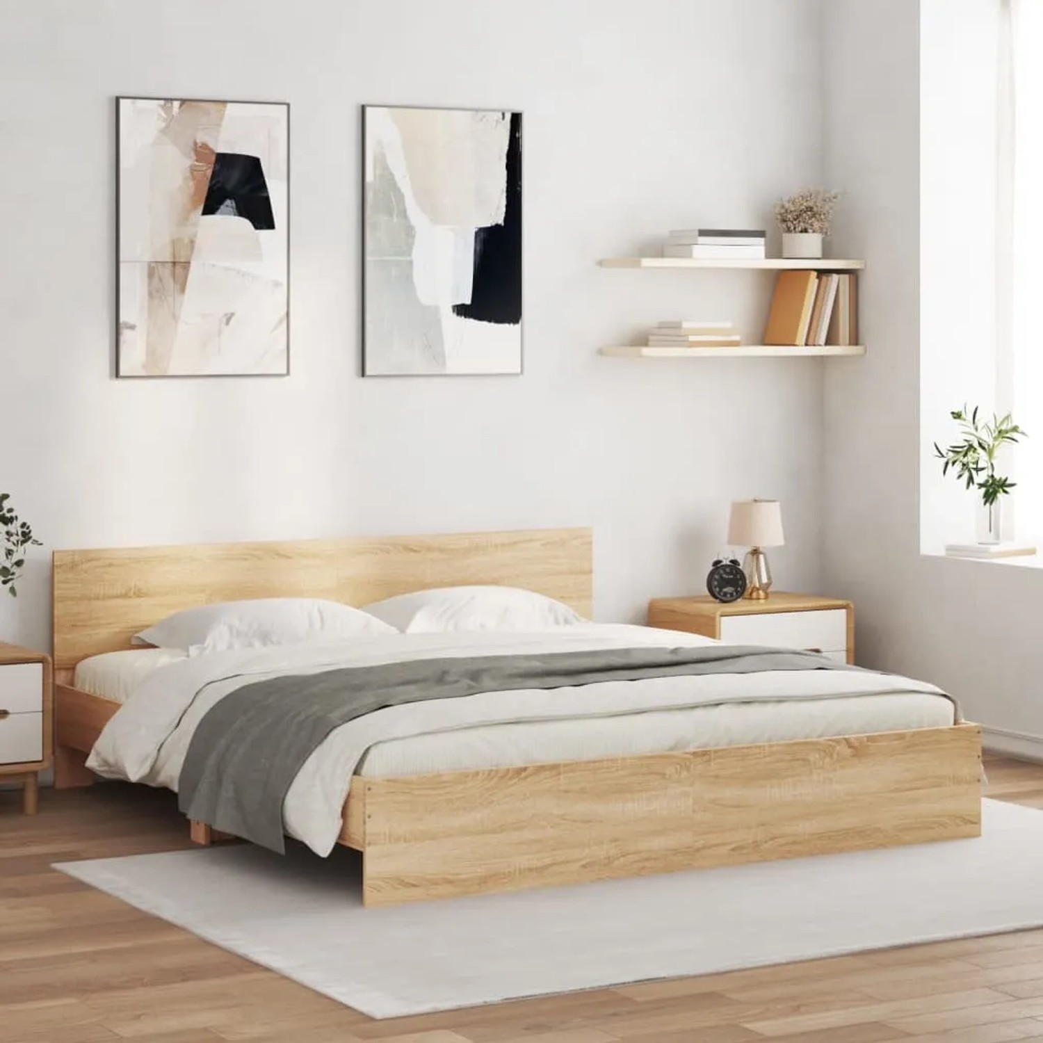 Bettgestell Sonoma-Eiche (160x200 cm) mit Kopfteil im Schlafzimmer.