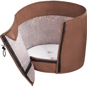 Brauner Thermo-Topfschutz (45x60cm) mit Klettverschluss und Luftpolsterfolie für den Winterschutz.
