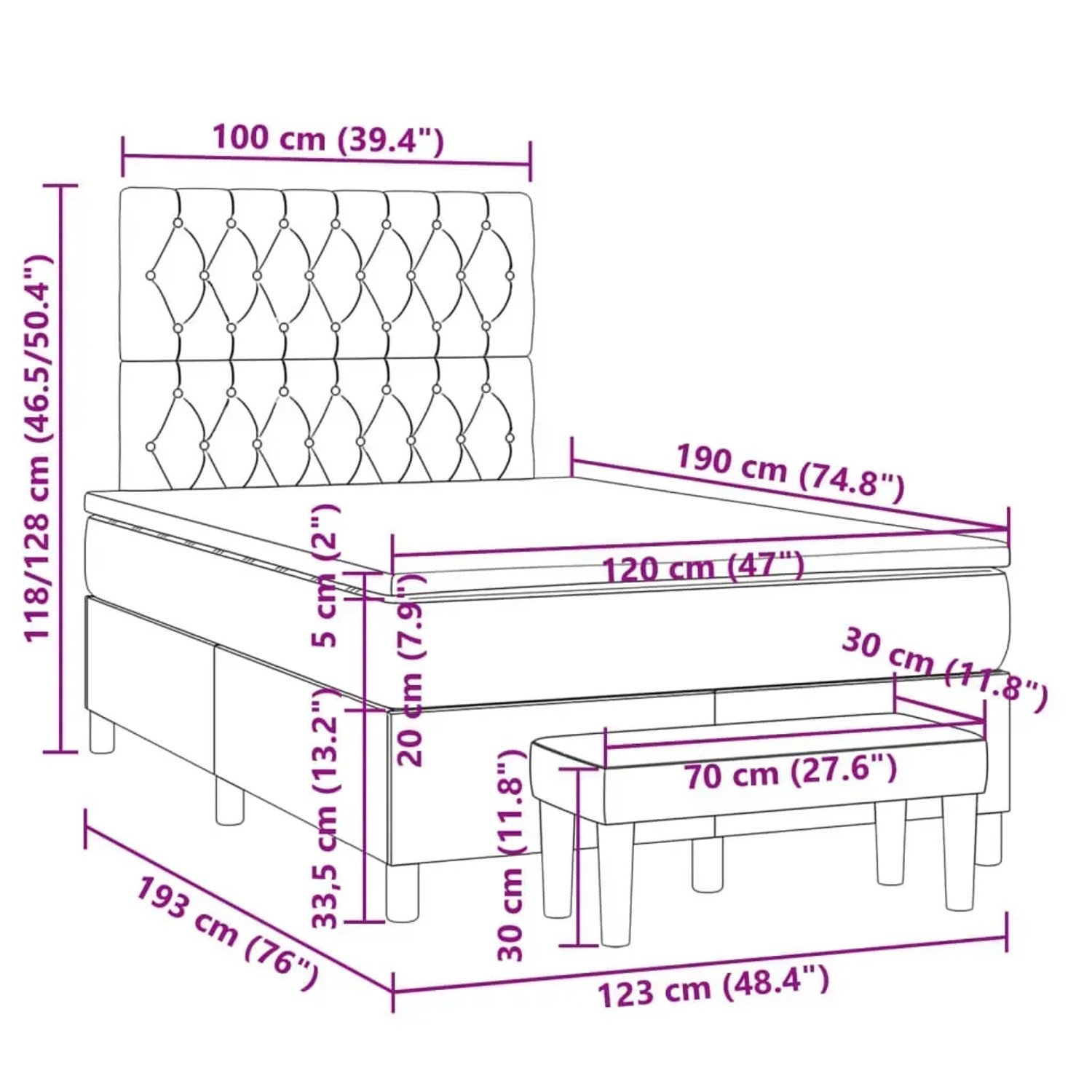 vidaXL Boxspringbett Taupe 120x190 cm mit Matratze und Bank, Stoff
