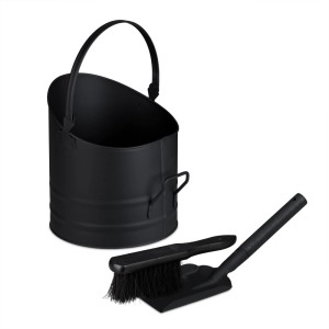 Relaxdays Ascheeimer Eisen Schwarz mit Kehrgarnitur 9,5 l 28,5 cm x 27,5 cm 1,3 kg