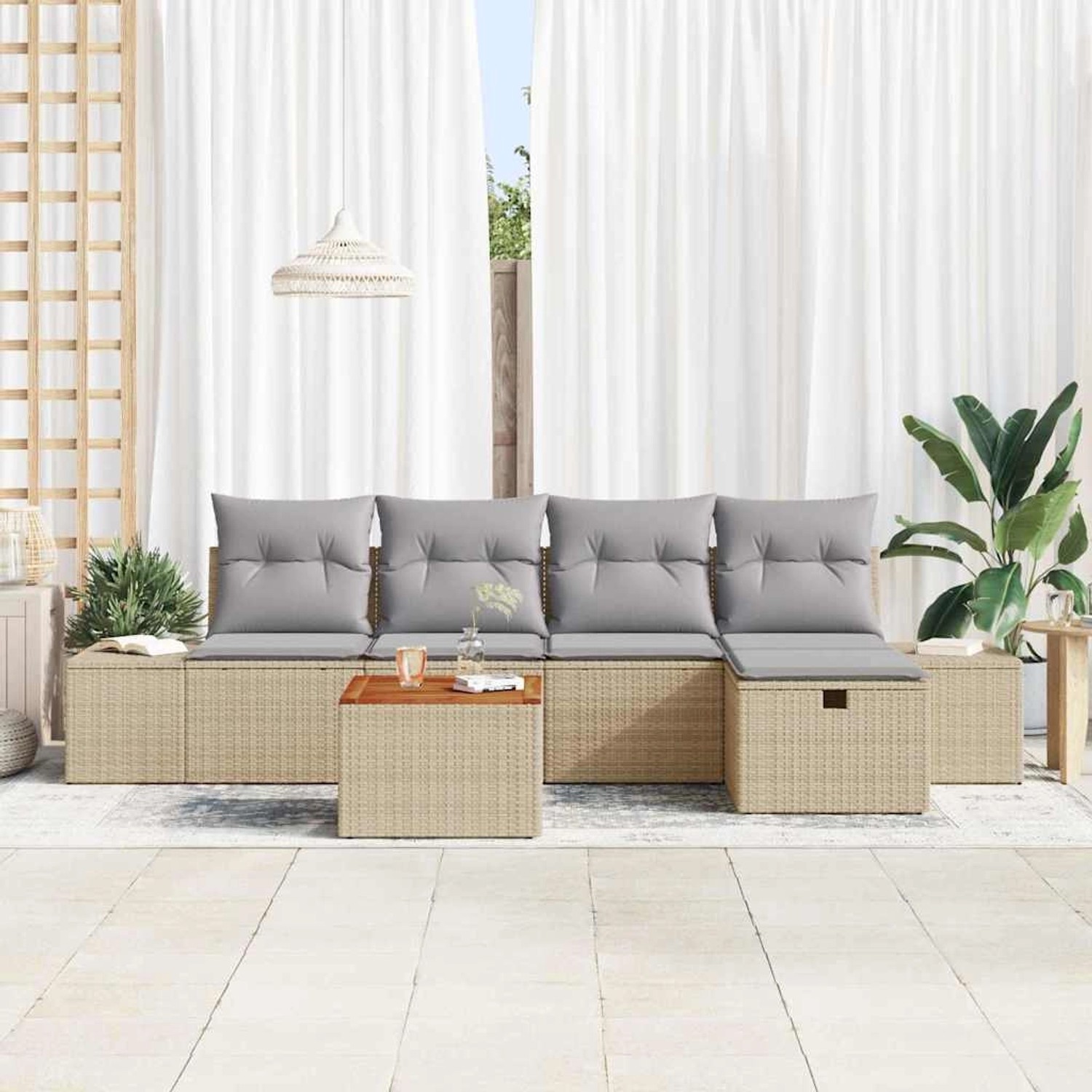 Beiges 6-tlg. vidaXL Garten-Sofa-Set aus Poly Rattan mit Kissen und Stauraum.
