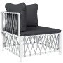 Weißes Gartenmöbel-Eckteil aus Stahl mit grauen Kissen, Teil des vidaXL Lounge-Sets.