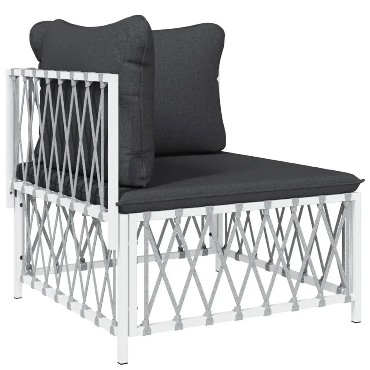 Weißes Gartenmöbel-Eckteil aus Stahl mit grauen Kissen, Teil des vidaXL Lounge-Sets.