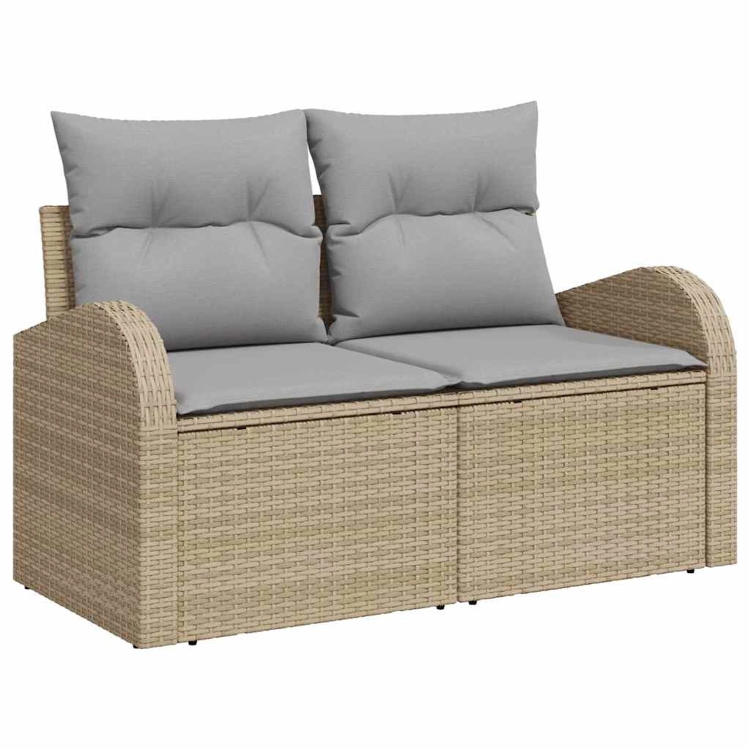 Beiges 2-Sitzer Garten-Sofa-Set aus Polyrattan mit grauen Kissen und Stauraum.