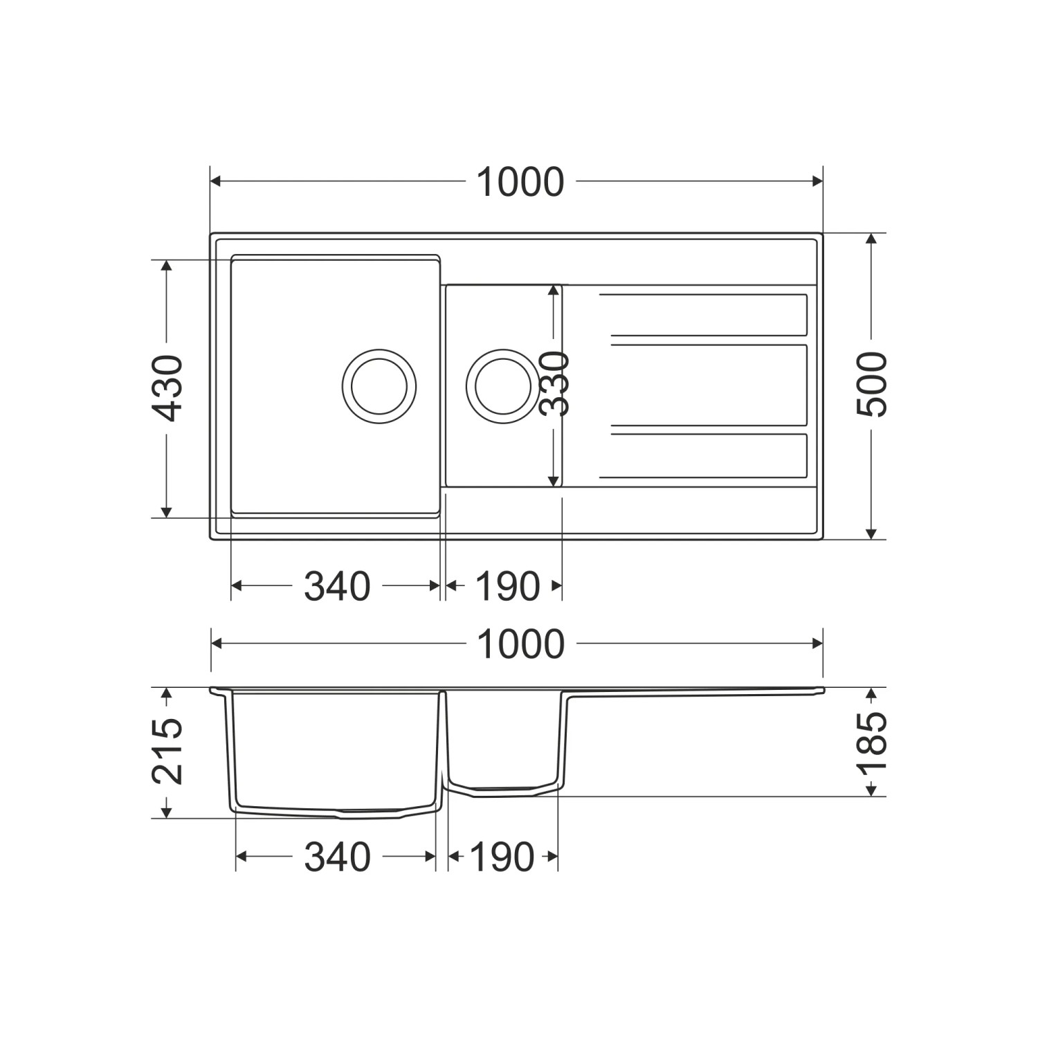 Technische Zeichnung der graphitfarbenen Miló Einbauspüle Luxuria 100 aus Granitverbundstoff mit Maßangaben.