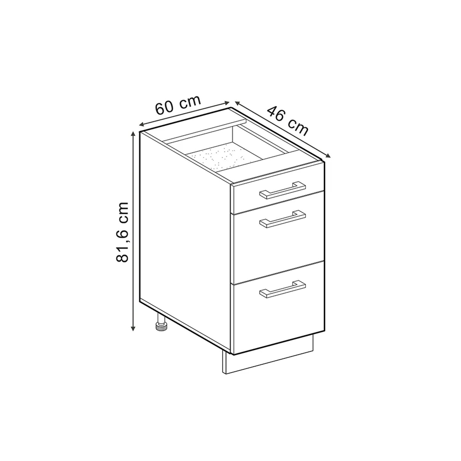 Skizze: Vicco Küchenunterschrank R-Line, 60 cm, Artisan-Eiche/Anthrazit, mit Schubladen.