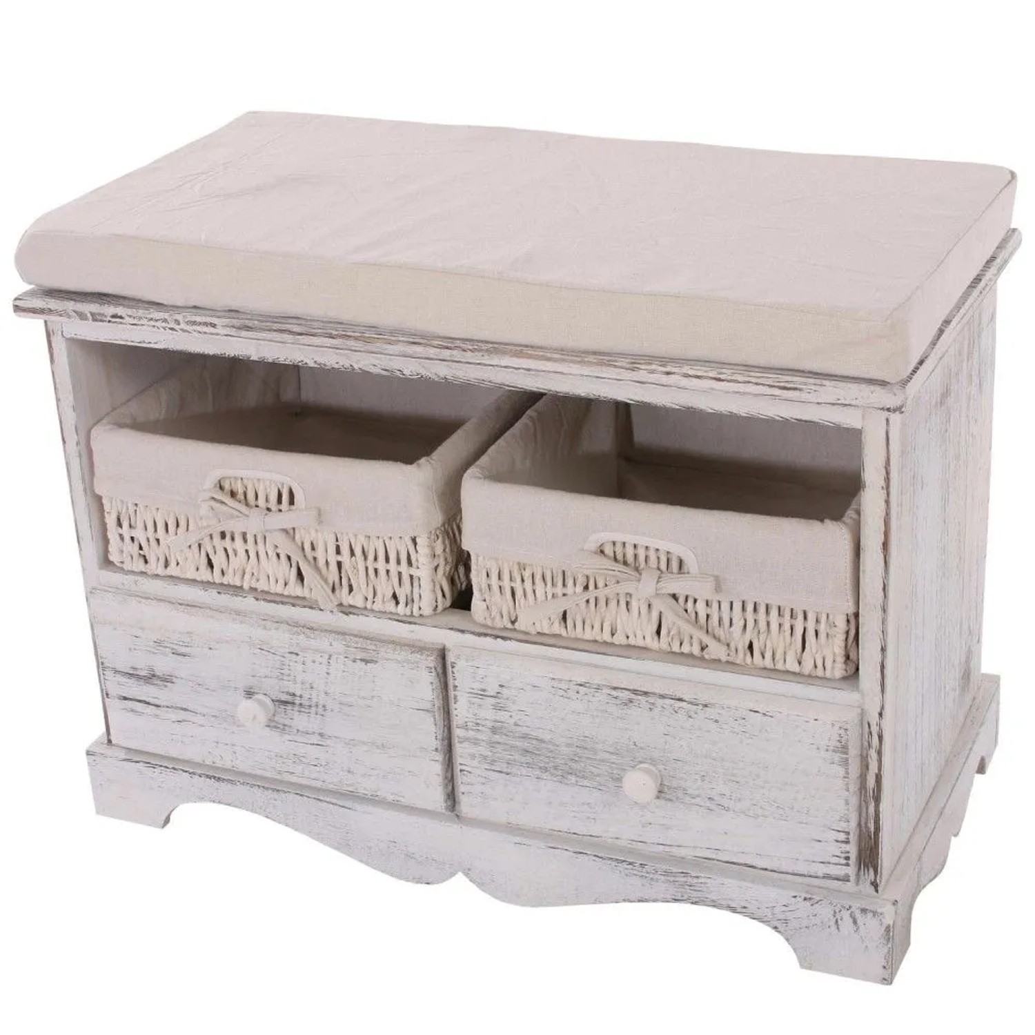 MCW Sitzbank 2 Körbe Shabby-Look Weiß