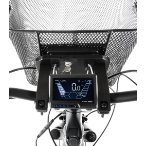 Fischer E-Bike Korb Plus, engmaschig, schwarz, mit Halterung am Lenker.