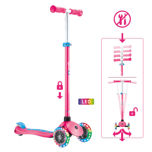 Globber Primo Plus Lights Tretroller Kinder 120/80 mm ABEC 9 3-Rädrig Höhenverstellbar LED-Leuchtrollen Pink
