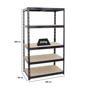 Schwarzes PROREGAL Schwerlastregal Tiger mit 5 Ebenen, 180x100x60 cm, Fachlast 265 kg.