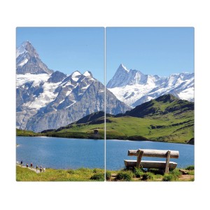 Banjado 2-teilige Herdabdeckplatte aus Glas mit Alpenmotiv, auch als Schneidebrett nutzbar.